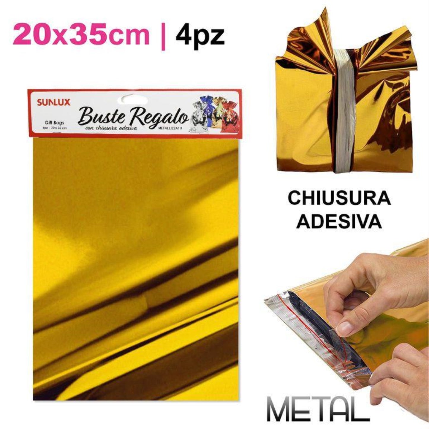 BUSTE REGALO C/ADESIVO ORO 20*35CM 4PZ