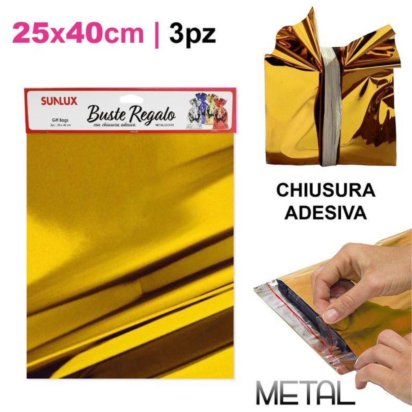 BUSTE REGALO C/ADESIVO ORO 25*40CM3PZ
