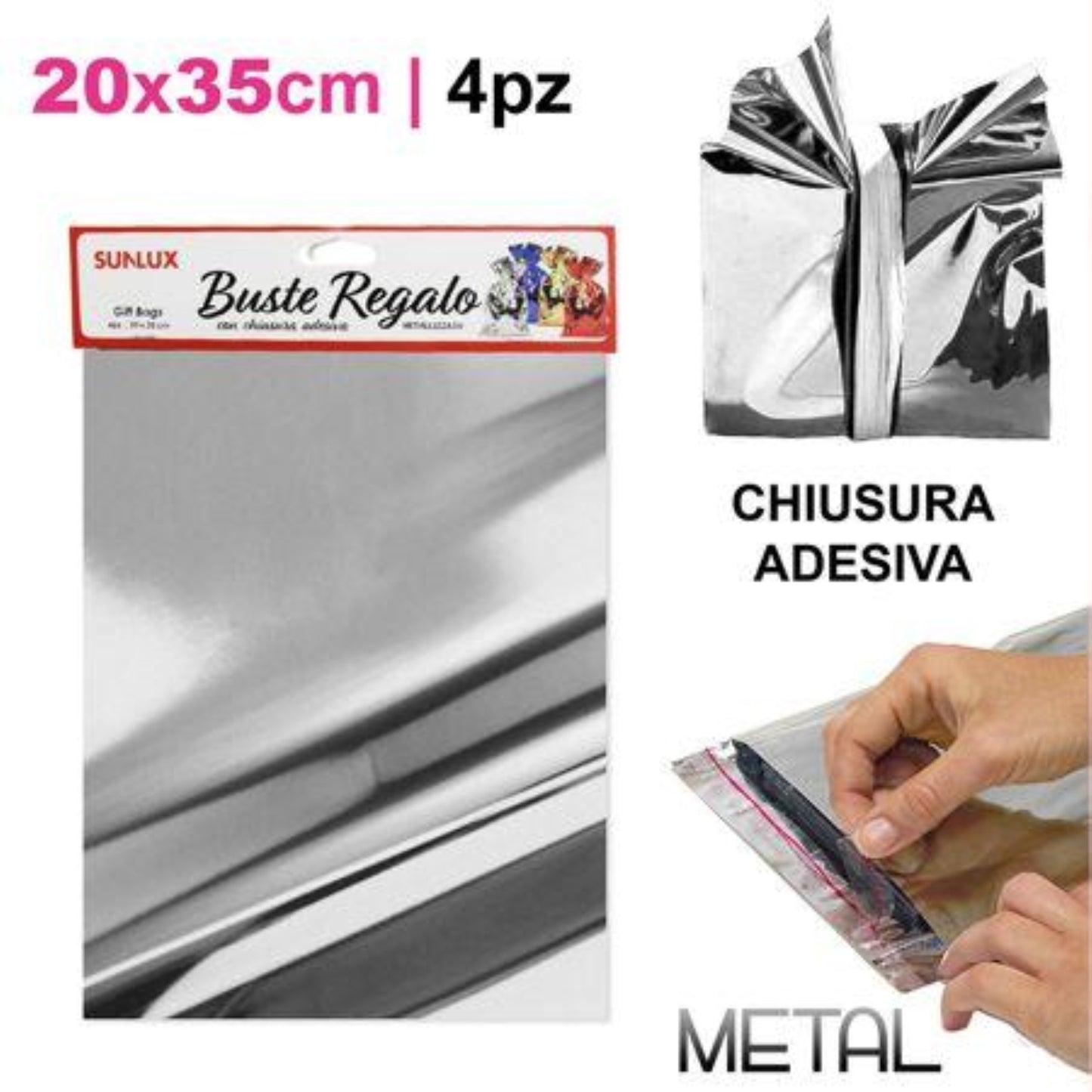 BUSTE REGALO C/ADESIVO ARGENTO 20*35CM 4PZ