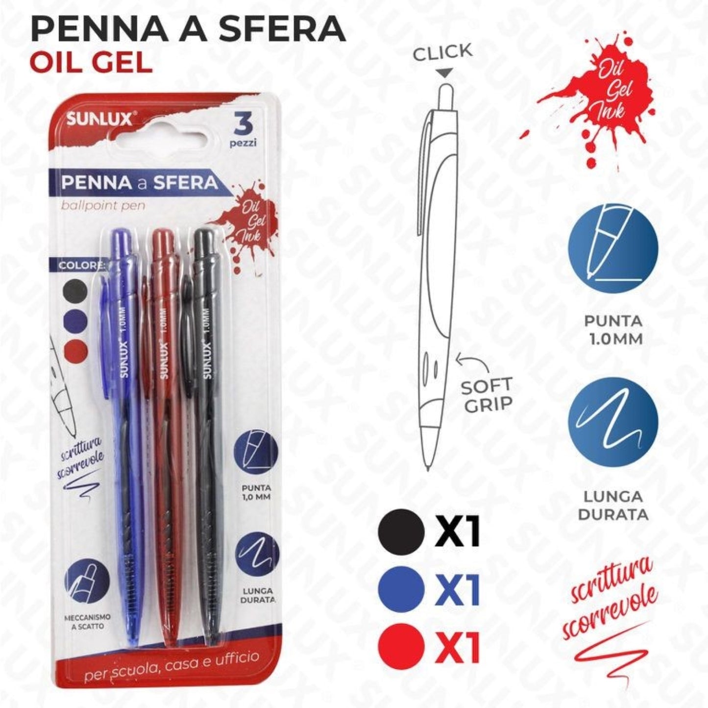 PENNA A SFERA A SCATTO 1.0MM 3PZ ASSORTITE