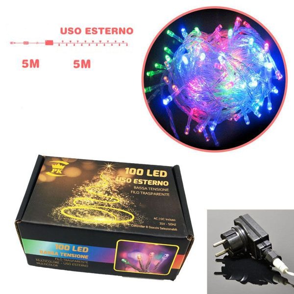 100 LUCE LED MULTICOLORE BASSA TENSIONE ESTERNO 1.5M FILO TRASPARENTE